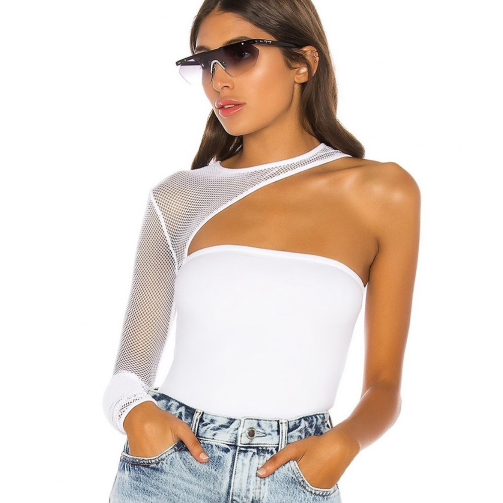 h:ours White Asymmetrical Mesh Bodysuit